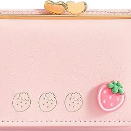 Strawberry PU Wallet for Women - Triple Fold Small Purse with Card Slots & Photo Window Cute Mini Cash Holder Gift for Girls & Women (Pink with Gold Heart Buckle)-image-24