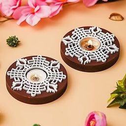 eCraftIndia Brown & White Round Handcrafted Wooden Block Print Tea Light Candle Holders, Diya Stands - Tea Light Holders - Christmas Diwali Decoration Items for Home Decor - Set of 2-21