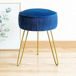 Lavish Craft Pleated Velvet Vanity Stool – Round Modern Upholstered Ottoman Footrest with Metal Legs for Makeup Room, Bedroom, Living Room & Entryway (Royal Blue)-image-84