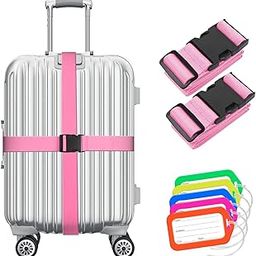 upsimples Pack of 2 Luggage Strap and Pack of 2 Name Tag| Luggage Belt for Suitcase & Trolley Bags | Travel Belt with Quick Release Adjustable Buckle for Suitcase | Rainbow (Pink)-picture-32