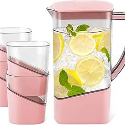 Kuber Industries Plastic Water Jug with Lid and 4 Glasses | Transparent Glass and Jug Set for Dining Table | Serve Water, Beverages, Iced Tea and Juices | Pitcher for Detox Water | Pink-image-27