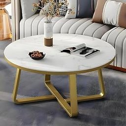 PREDELLA Round Coffee Table with Wooden Top, Sofa Side Table, Iron Tables for Living Room, Centre Tables, Tea Tables, Farmhouse, Office Table, Drwaing Room Table Four Leg Table (Gold-White)-image-27