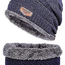 Soft Unisex Woolen Beanie Cap Plus Muffler Scarf,Snow Proof Inside Fur Wool Unisex Beanie Cap with Neck Warmer Set Knit Hat Thick Fleece Lined Winter Cap for Men & Women (Blue)-image-24