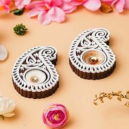 eCraftIndia Brown White Buta or Paisley Shaped Wooden Block Print Decorative Tea Light Candle Holders, Diya Stands for Diwali - Tea Light Holders - Diwali Decoration Items for Home Decor - Set of 2-13
