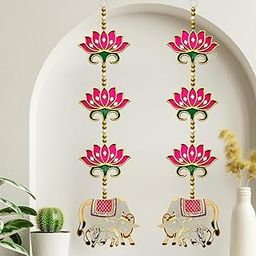 Divyakosh rosewood Door Entrance Hanging, Mandir Door Decorations Items, Pink Lotus with Cowcalf Style Hanging, Ganpati Decor & Diwali Decoration|Door Hanging|2 Pieces|23 Inch |-picture-13