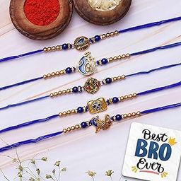 eCraftIndia Set of 5 Blue & Golden Religious Rakhis, Best Bro Ever Fridge Magnet with Roli Chawal Pack - Designer Rakhis for Brother-21