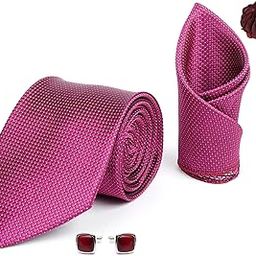 Mens Plaid Dotted Silk Necktie Gift Set With Pocket Square Cufflinks & Brooch Pin Formal Tie With Leatherite Box (A10RX Free Size) | (Leather Gift Box) (Pack of 4)-image-99