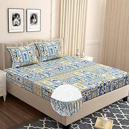 VAS COLLECTIONS Microfiber Fitted Bedsheet 78 x 72 Inch with 2 Pillow Covers 180 TC Printed Wrinkle Free All Over Elastic Fitted Sheet - (Fit Upto Mattress - 10 Inch, Tealish Blue and Yellow)-17