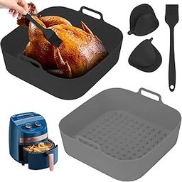 Silicone Air Fryer Liners Square, 2 Pack Reusable Air Fryer Liners, 8 Inch Ailicone Air Fryer Basket 4 to 7 QT, Food Safe Airfryer Silicone Liners Oven Microwave Accessories, (Gray & Black)-picture-18
