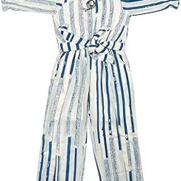 Cotton Striped Jumpsuit, Blue and White Pattern, Long Sleeve with Waist Belt, Regular Fit, Medium-image-7