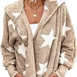Khaki Star Printed Fuzzy Lapel Collar Coat, Polyester-image-25