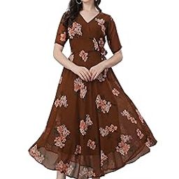 Women's Georgette Midi Dress with V Neck Floral Printed A Line Style Knee Length Full Puff Sleeves and Regular Fit-image-20