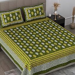 SheetKart 144 TC Jaipuri Floral Printed Cotton Double Bedsheet with 2 Pillow Covers, Mellow Green-image-21