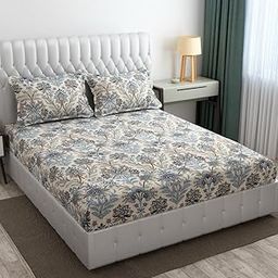 Furnistitchs Premium Glace Cotton Elastic Fitted Bedsheets Queen Size Double Bed With 2 Pillow Covers (Queen Fitted 60X78, Cream Paisley Leaves), 200 Tc-image-66