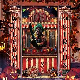 WovWeave 3 Pcs Halloween Creepy Carnival Decorations Include 2 Evil Circus Porch Banner and Scary Ticket Booth Circus Theme Door Cover for Halloween Backdrop Hanging Theme Party Outdoor Decorations-picture-10