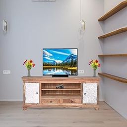 Rustic TV Stand Entertainment Unit, Solid Wood Media Console with Metal Embossed Doors, 2 Drawers and Open Shelves.-picture-14