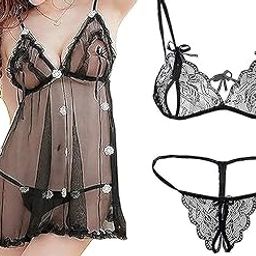 Net Babydoll Lingerie Set For Honeymoon For Woman With G String Thongs|Sexy Night Dress|Hot Nighty For Women|Above Knee Baby Doll Night Dress|Semi Transparent Hot Black,Free Size-89