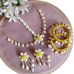 Handmade Cowrie Shell Jewellery Set with Yellow Flowers, Traditional Necklace, Maang Tikka, Earrings and Bangles, 2.6 Size-image-76