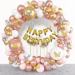 ANILOONS Birthday Party Decoration Set, 82 Pieces, Rose Gold and Gold Balloon Garland with Butterflies, Happy Birthday Banner-image-96