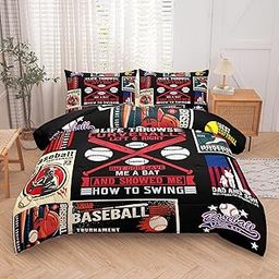 NINENINE Baseball Comforter Set for kids,Twin Size Bedding sets for boys,Sports Bedding Set for Boys Kids,Black Retro Comforter Set with 1 Comforter 1 Pillowcase-image-10