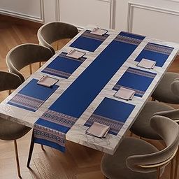 Stoa Paris Dining Table Runner 6 Seater, 1 Satin Table Runner, 6 Satin Placemats, 6 Cotton Napkins, Home, Family Dinning, Cafe, Hotel, Machine Washable, Royal Blue Feast - Royal Blue, Gold-image-8