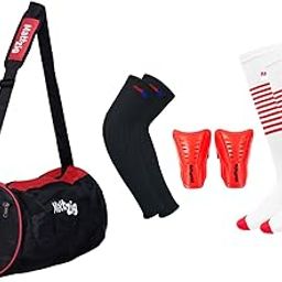 MattZig® Club Football Kit (One Pair of Striped Lycra Socks + One Pair of Shin Guard + One Pair of Cotton Arm Sleeves + One Kit Bag) (White/Red, Red)-image-7