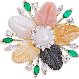 Flower Shaped Pearl and Emerald Brooch Pin | 18k Gold Plated | Trendy, Lightweight & Comfortable | Stylish & Tarnish-Resistant | Qty : 1pc-image-89