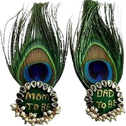 VRCreations Handcrafted Mom to Be and Dad to Be Peacock Feather Brooch Set, Pearl Beaded, Green and Blue, Baby Shower Accessories-32