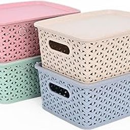 Eha Earth Friendly Multipurpose Basket For Storage With Lid | Set of 4, 4.8L | Made With Rice Husk and Bamboo Fibers | Kitchen Organiser, Bathroom Organiser, Dressing Table Organizer | Multi-Light-image-10