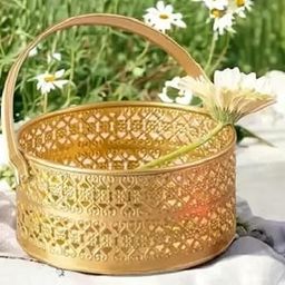 Next in Crafts Metal Round Flower Basket with Handle Best for Puja Dining Table and Home Decoration Fruit Basket(Gold)-6
