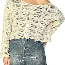 Women's Knitted Cut Work Transparent Crochet Sheer Hollow Out Long Sleeve Top T-Shirt 33661-image-48