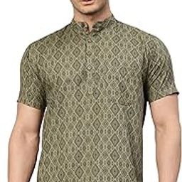 Men Slim Fit Ethnic Motifs Cotton Printed Half Sleeve Short Kurta-picture-1
