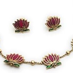 Lotus Flower Necklace and Earrings Set, Pink Enamel with Gold-Tone Chain, Traditional Design-52