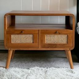 Mid-Century Modern Wooden TV Stand Console Table with Rattan Doors – Brown Entertainment Unit-image-47