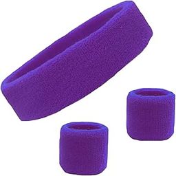 Kenz Laurenz Sweatband Set Cotton Sports Headband Terry Cloth Wristband Moisture Wicking Sweat Absorbing Head Band Athletic Exercise Basketball Wrist Sweatbands and Headbands by (Purple)-image-6