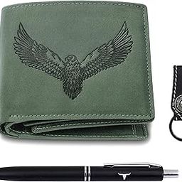 Zev Vintage Green Leather Wallet, Black Pen & Keychain Combo Gift Set for Men-49