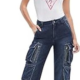 Women's Blue Cotton Solid Regular Fit Cargo Jeans-image-3