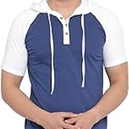 Men's Half Sleeves Dual Colour Cotton Blend Hoodie(Blue::White)-image-90