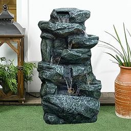 Holiness Craft Rock Waterfall Fountain, Indoor Outdoor Multi-Tier Cascading Design, Green Stone Finish with LED Lights and Water Motor-image-96
