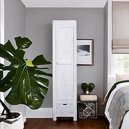 FURNEEZY Acacia Wood 1 Drawer & Single Door Wardrobe Cabinet for Living Room in White Distress Finish-image-24