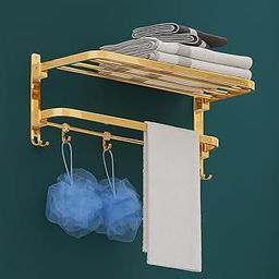RUVEL Premium Wall-Mounted Folding Shelf with Multi-Towel Bars 304 Stainless Steel Wall Shelf Bathroom/Towel Rack/Towel Holder/Bathroom Accessories - 24 Inch (Gold)-image-30
