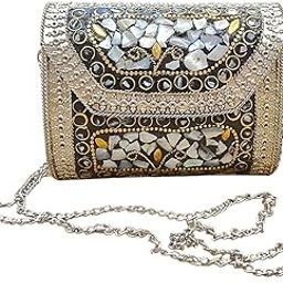 Vintage Mosaic Crystal Embellished Crossbody Clutch Purse with Chain Strap, Silver-image-41