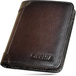 RFID Blocking Trifold Genuine Leather Wallets for Men, Vintage Thin Short Multi Function Credit Card Holder,Money Clips with 2 ID Windows Give Gifts to Men, Coffee, Vintage-56