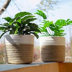 BEAUTIFUL HOMMIES Jute & Cotton Planter Basket/Pot Bag, Plant Sack for Home Decor (Set of 2 Pcs, Beige-White, 6x6 inches)-Basket for Storage, Kitchen, Clothes, Laundry, Living Room, Picnic, Hamper Bin-image-88