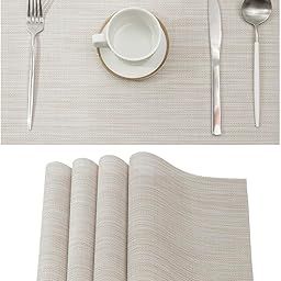 Zollyss Linen Grey Placemats Set of 6 - Heat Resistant Non-Slip Place mats for Dining Table, Washable Durable PVC Vinyl Woven Table Mats (Beige White)-image-30