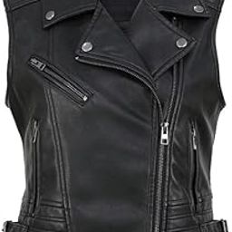 Women’s PU Leather Quilted Vest Double Strap Lapel Zip-Up Motorcycle-Inspired Jacket-32