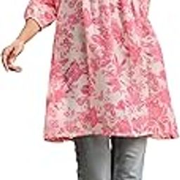 Women's Cream & Pink Silk Blend Floral Printed A-line Tunic-2