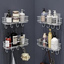 Plantex Stainless Steel Self-Adhesive Multipurpose Bathroom Shelf with Hooks/Towel Holder/Rack/Bathroom Accessories-Wall Mount - Pack of 4 (Chrome)-image-37