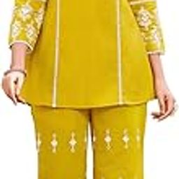 2-Piece Women's Co-ords Set - Silk Blend V-Neck 3/4 Sleeve Regular Fit Casual Shirt & Trousers Embroidered Design-picture-33