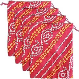 Kuber Industries Multiuses Bandhej Print Potli Bag for women With Drawstring Set of 4 (Pink)-picture-31